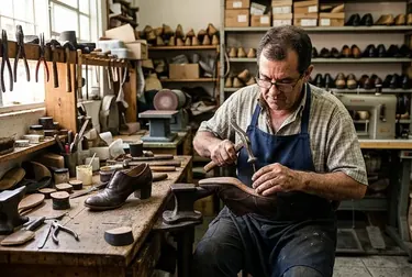 Sapateiro realizando a troca de salto em um sapato, utilizando instrumentos específicos.
