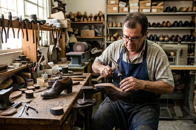 Sapateiro realizando a troca de salto em um sapato, utilizando instrumentos específicos.