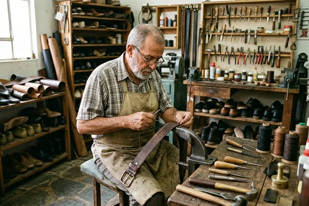 Sapateiro consertando cinto de couro, mostrando os detalhes do material e as ferramentas usadas.