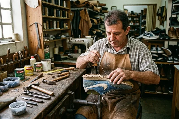 Sapateiro em Assis realizando reparo em um tênis, com foco nos detalhes do calçado.