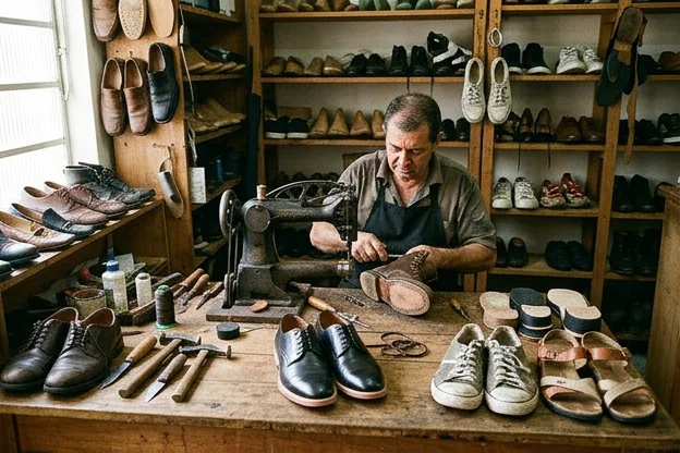 Diferentes tipos de sapatos organizados, prontos para reforma e cuidados.