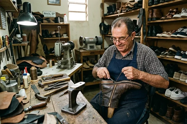Conserto de zíper de bota em andamento, com sapateiro manuseando o material com cuidado.