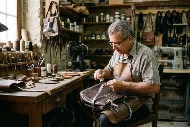 Sapateiro reformando bolsa de couro, focando nos reparos e acabamentos.