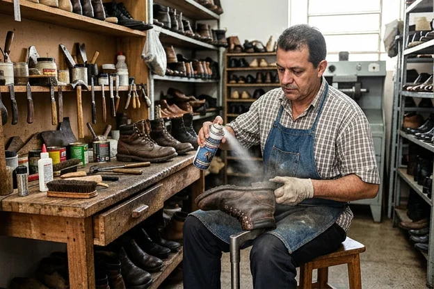 Aplicação de impermeabilizante em calçados, destacando a proteção contra água e sujeira.